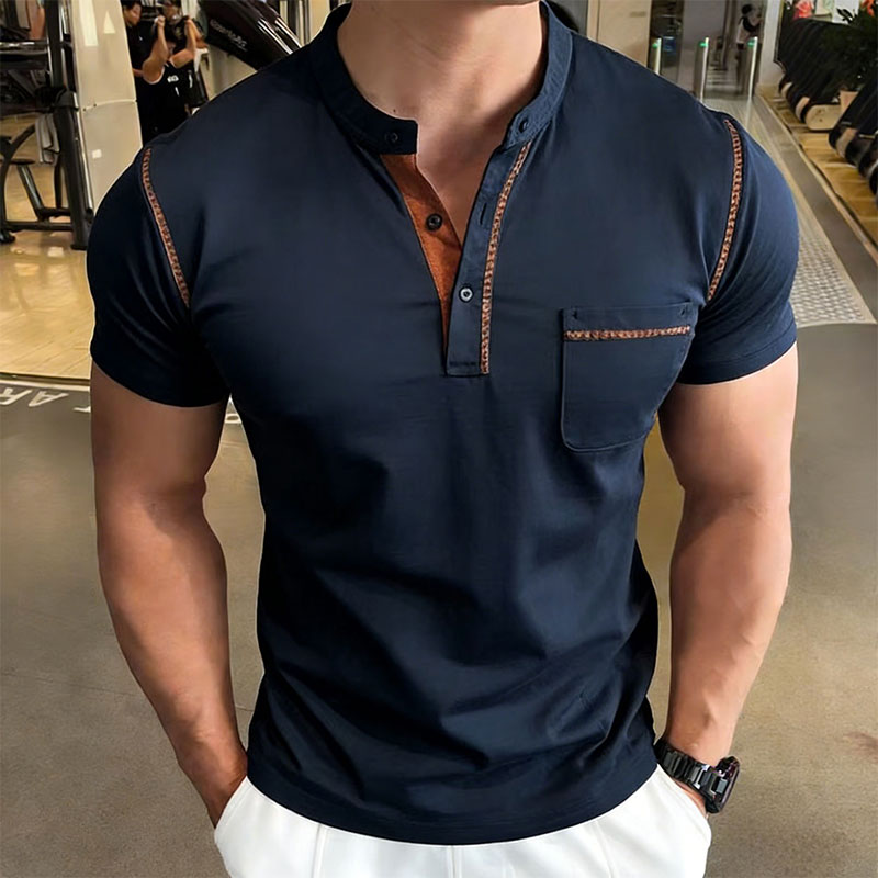 Golf Tees - Neues Sommer-Herren-Henley-Kragen-Kurzarm-Golf-Poloshirt mit Persönlichkeits-Taschenstil, Lässiges Atmungsaktives